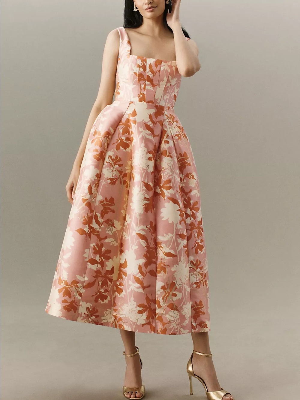 BHLDN Pink Floral Square Neck Lace Up Fit & Flare Midi Dress L